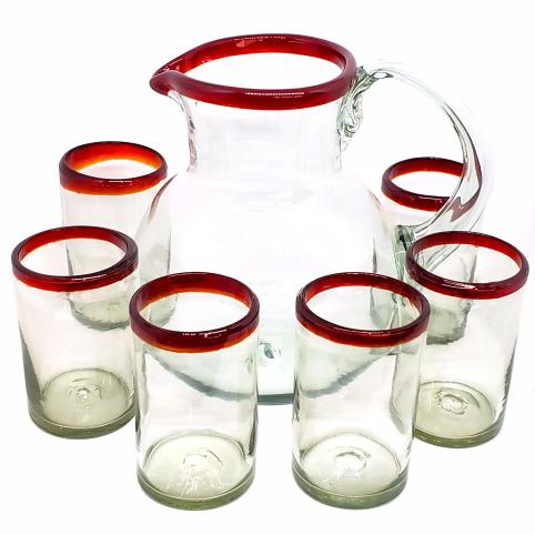MEXICAN GLASSWARE / Ruby Red Rim 120 oz Pitcher and 6 Drinking Glasses set / Bordered in beautiful ruby red, this classic pitcher and glasses set will bring a colorful touch to your table.